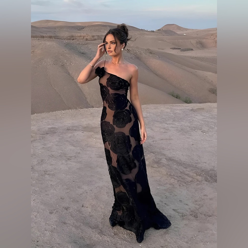 Commense Jacquard Floral Asymmetrical Long Dress